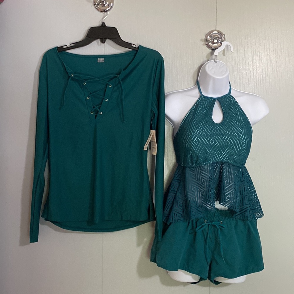 True Craft Tankini w/ Coordinating Old Navy Rash Guard and Board Shorts